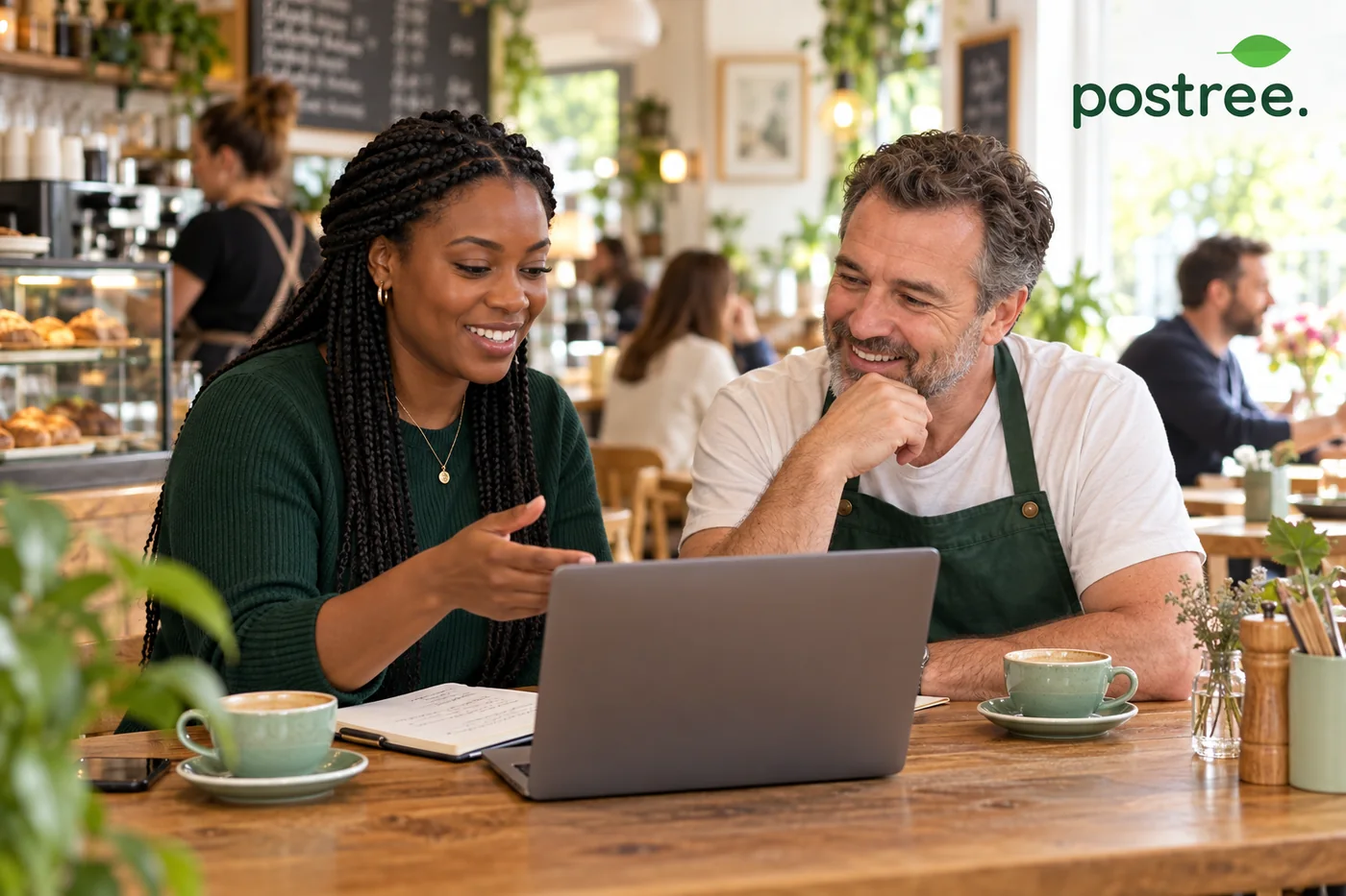 Two people reviewing Postree on a laptop in a cafe