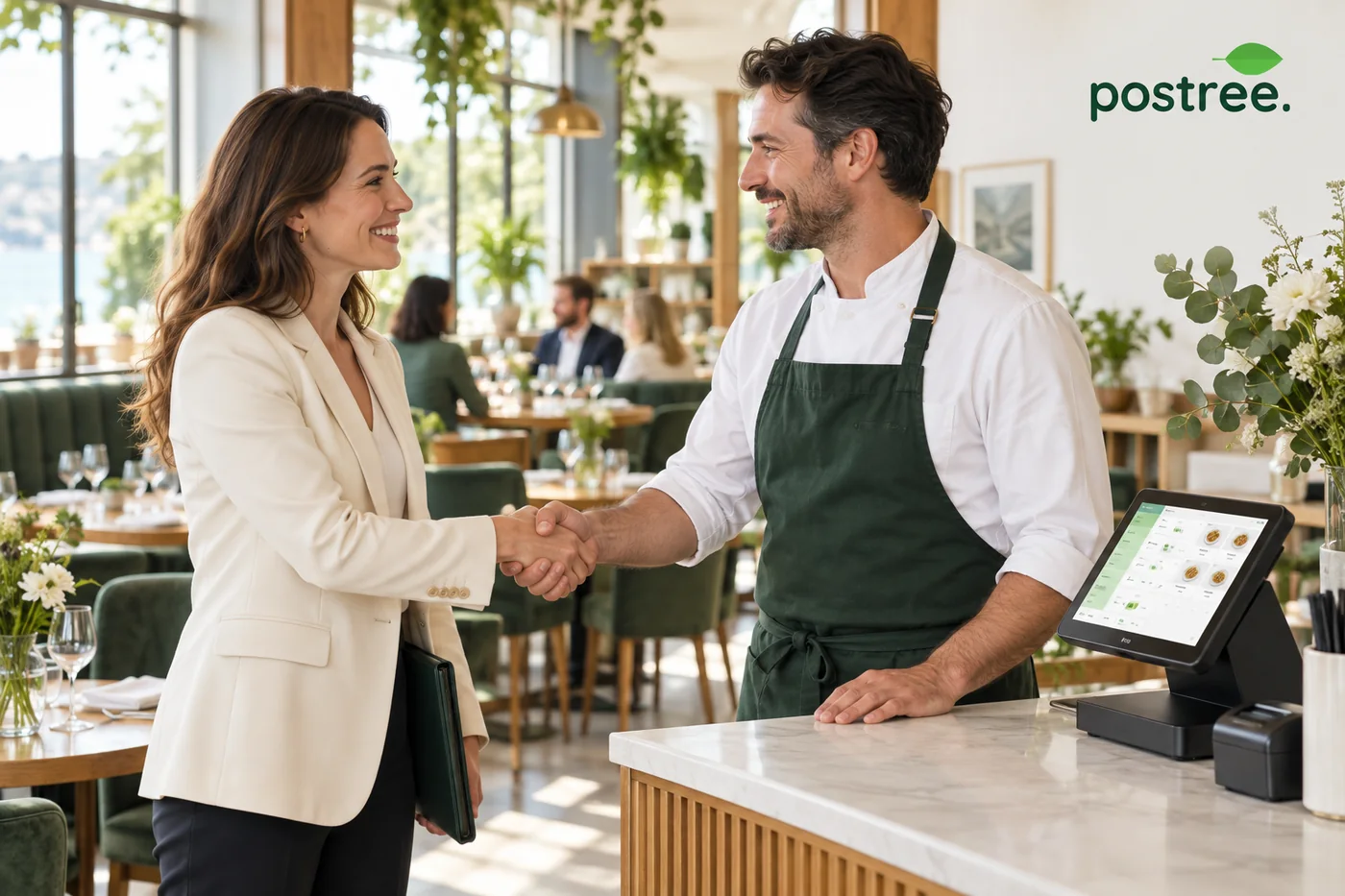 A Postree partner shaking hands with a restaurant owner beside a Postree till