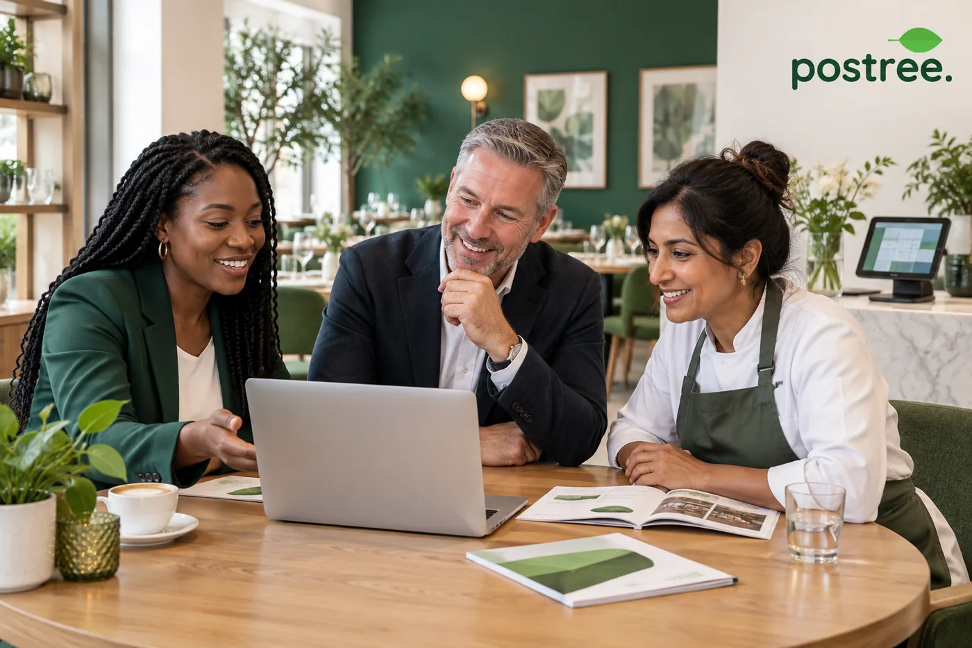 Three people looking at Postree on a laptop in a restaurant