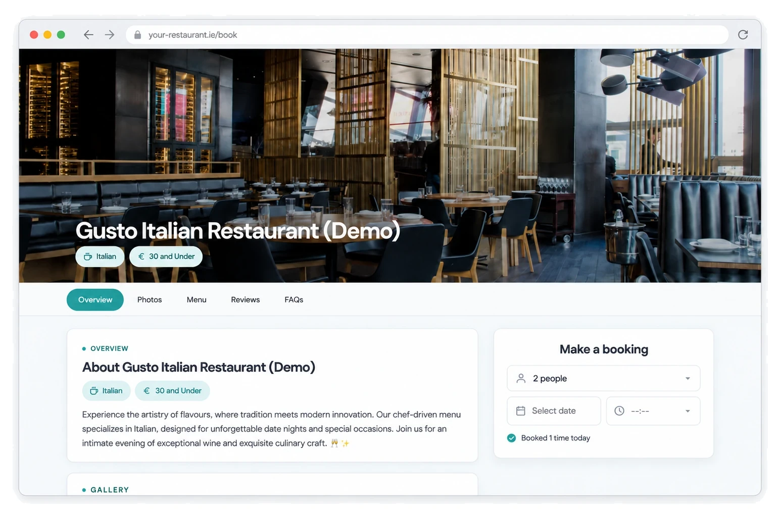 Postree booking page for a restaurant, with the venue&rsquo;s own photos, menu and booking widget