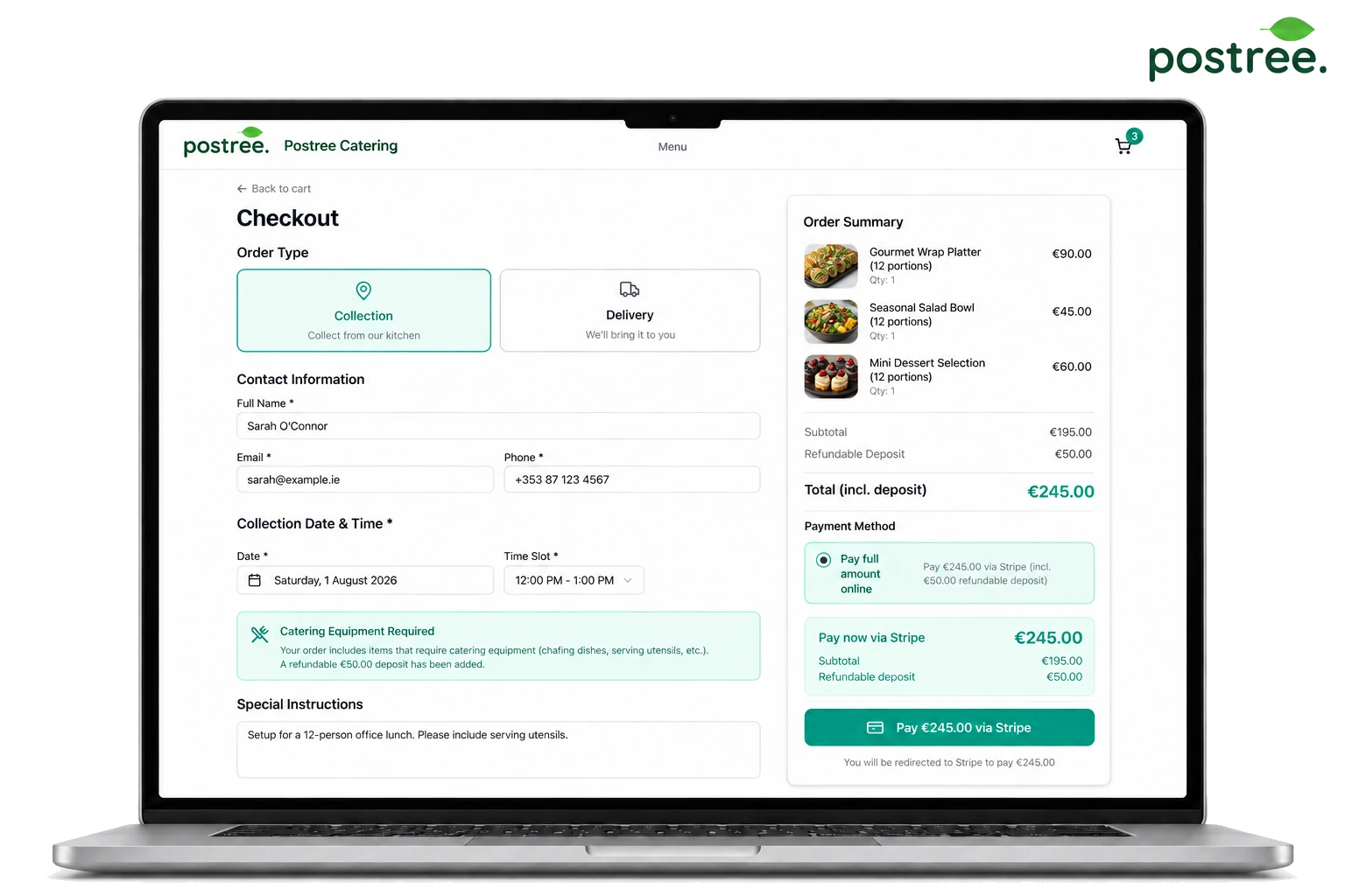 Catering checkout with collection date and time