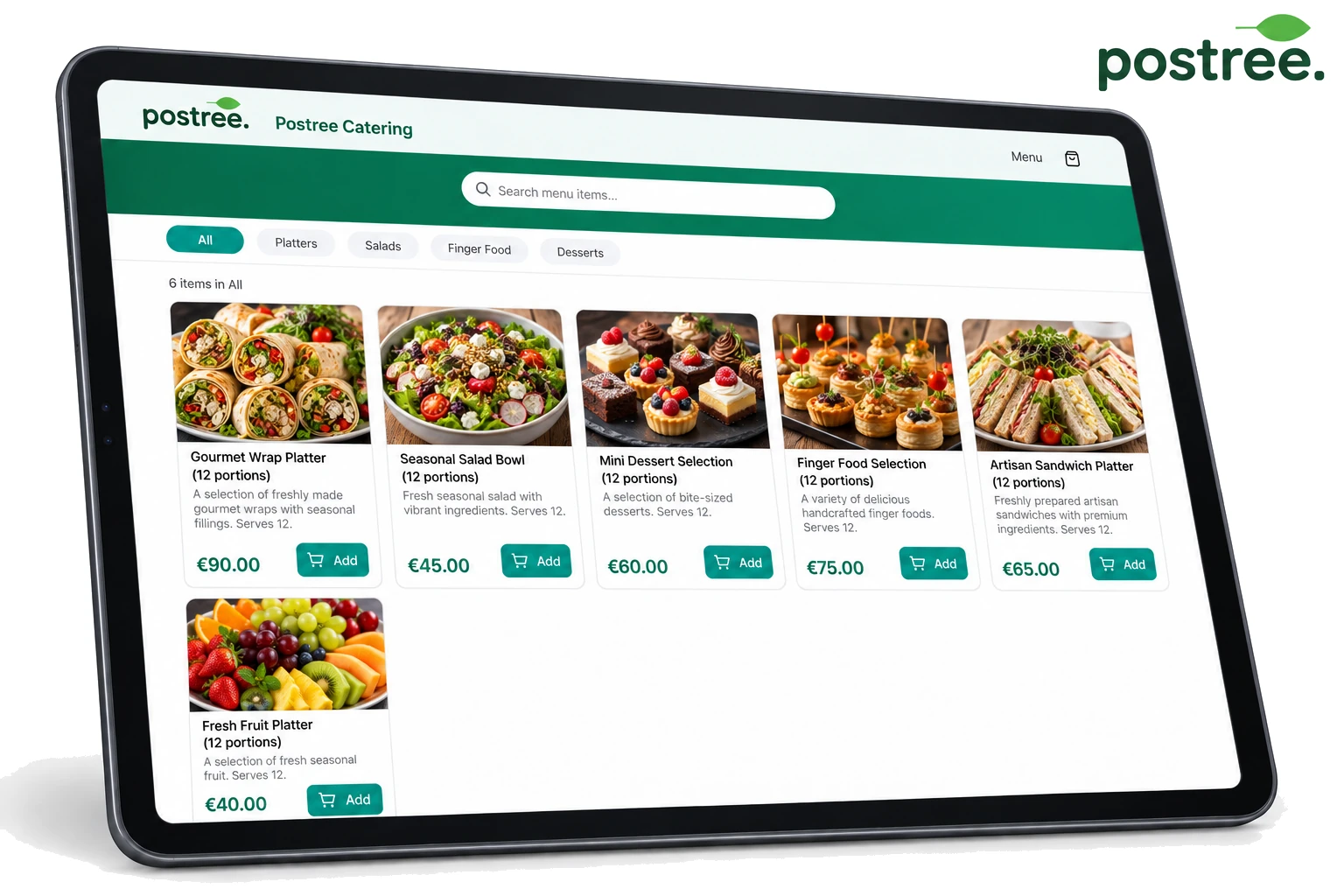 Dedicated catering menu with dishes, portions and prices
