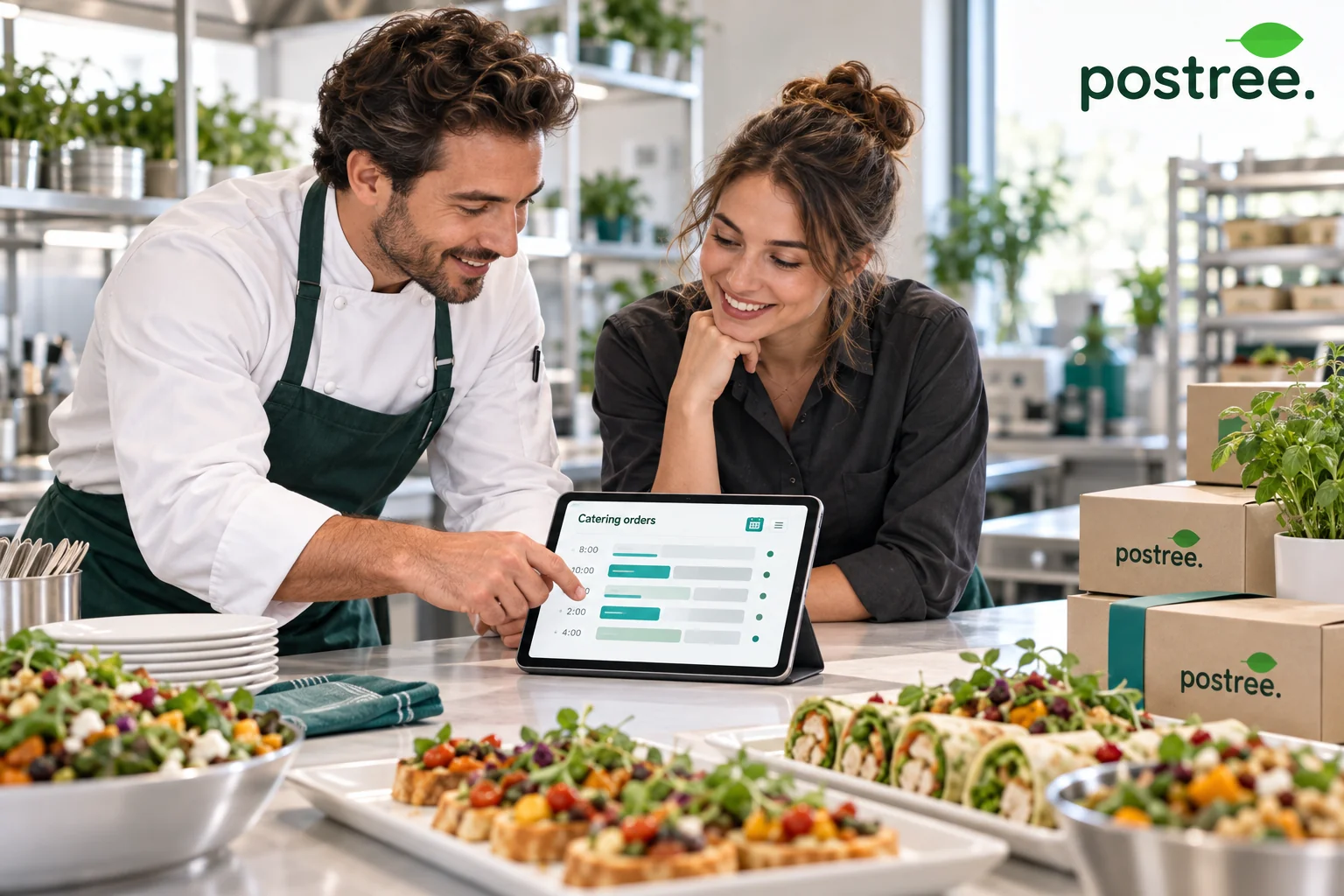Chef and manager planning the catering menu on a laptop