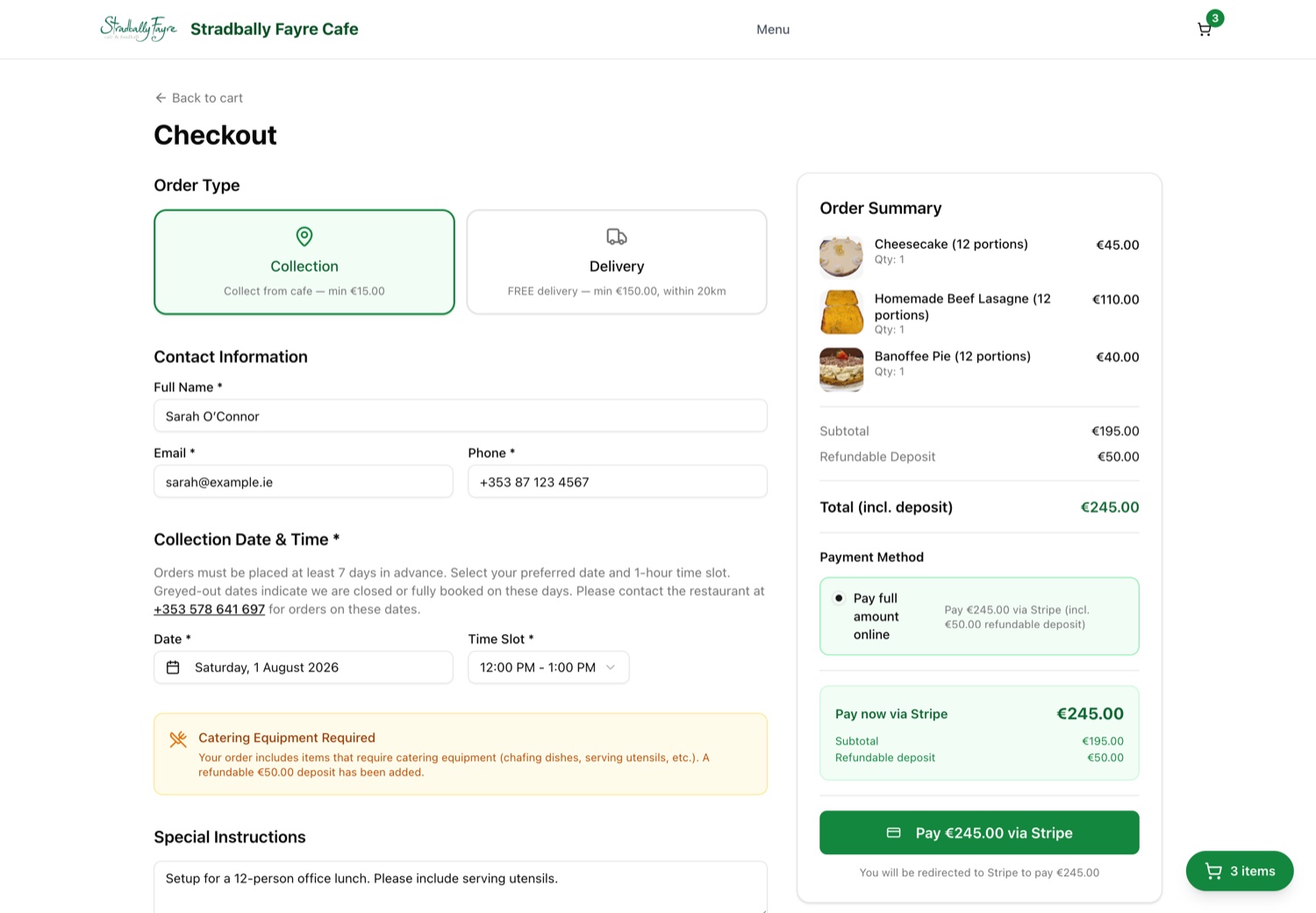 Catering checkout with collection date and time