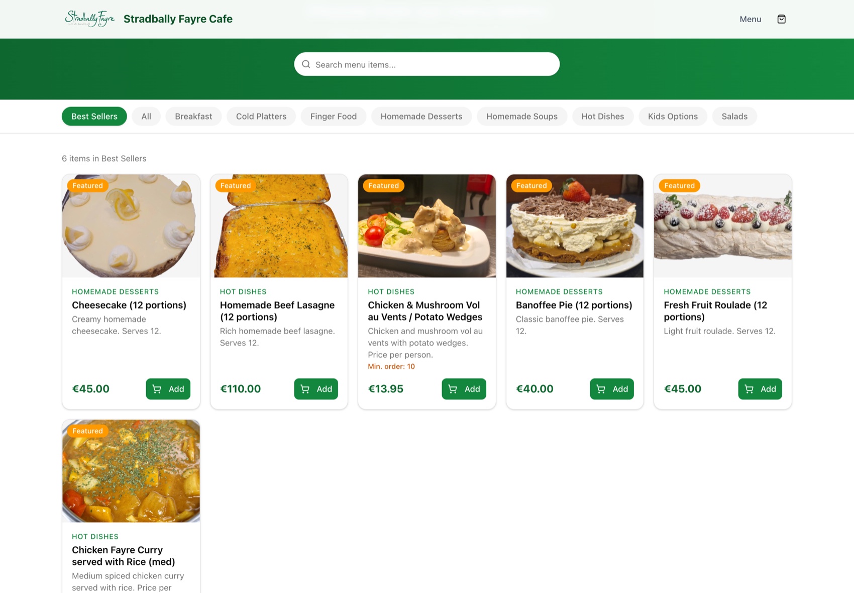 Dedicated catering menu with dishes, portions and prices