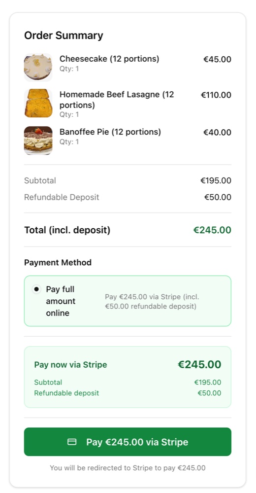 Secure online catering payment summary