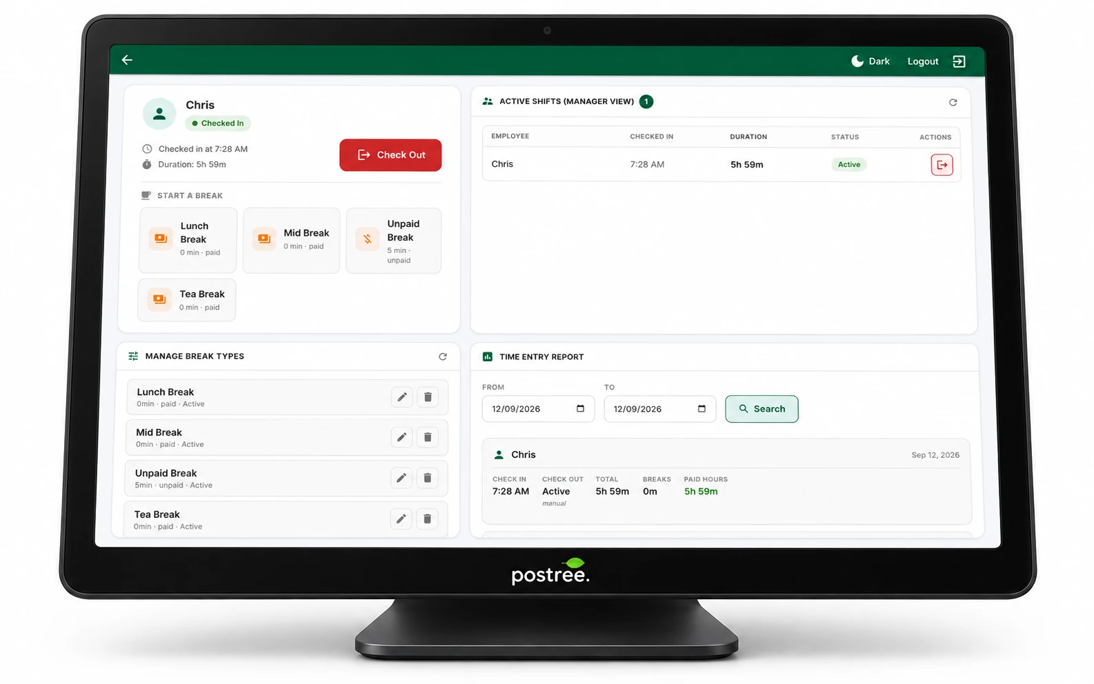 Postree till showing a staff member checked in, with active shifts and break types on screen