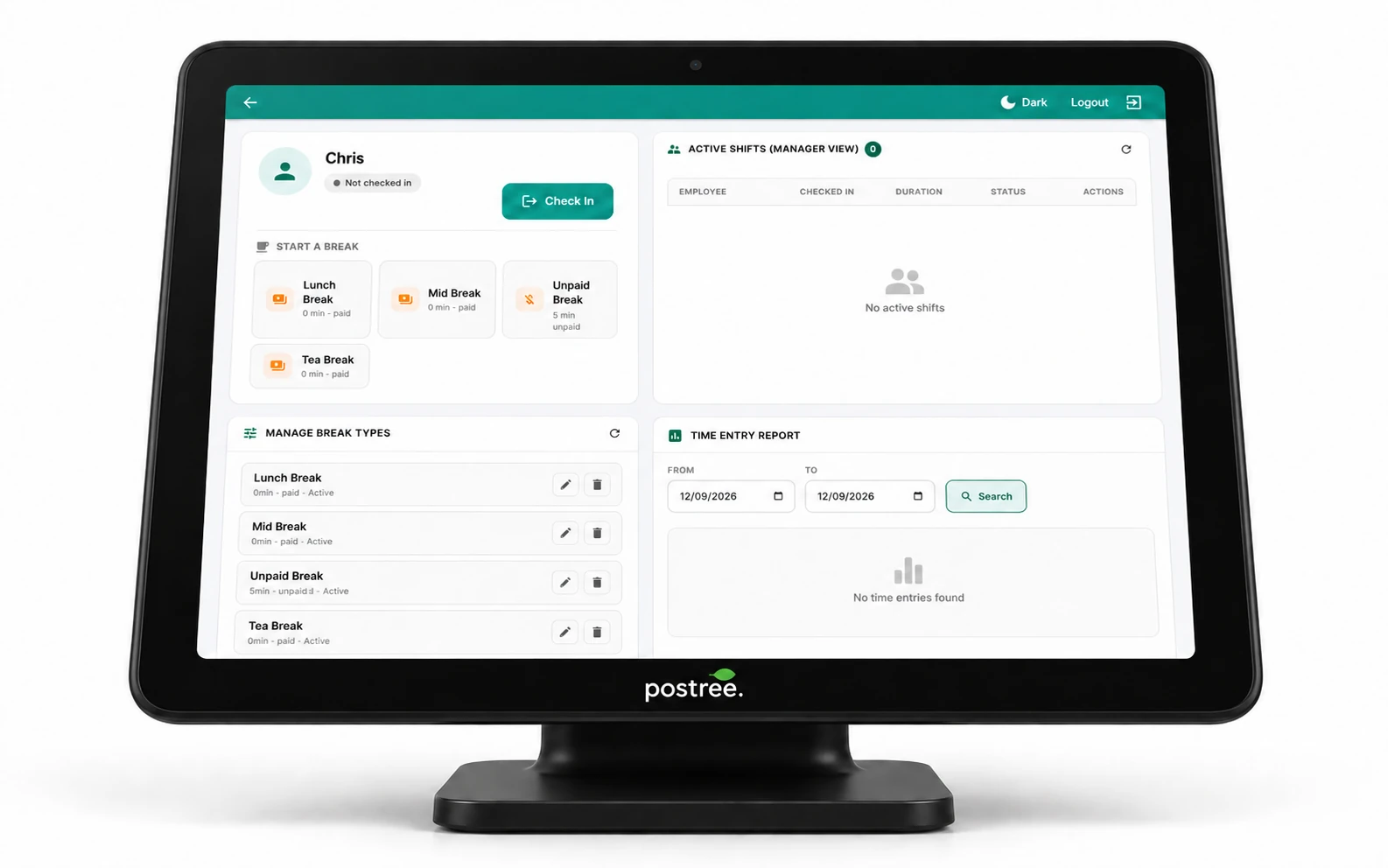 Postree till check-in screen with a staff member about to start their shift