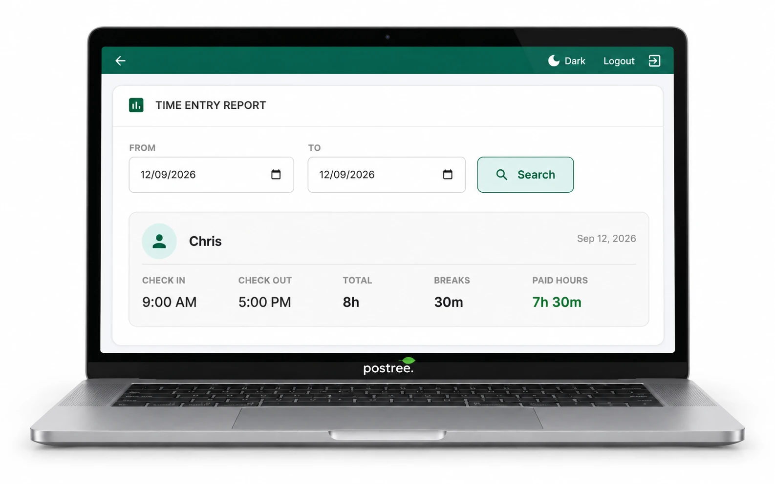 Time Entry report showing check-in, check-out, total time, breaks and paid hours for a staff member