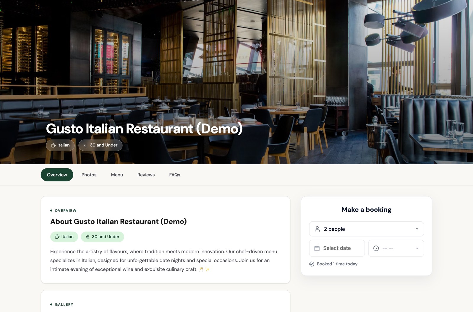 Postree booking page for a restaurant, with the venue&rsquo;s own photos, menu and booking widget