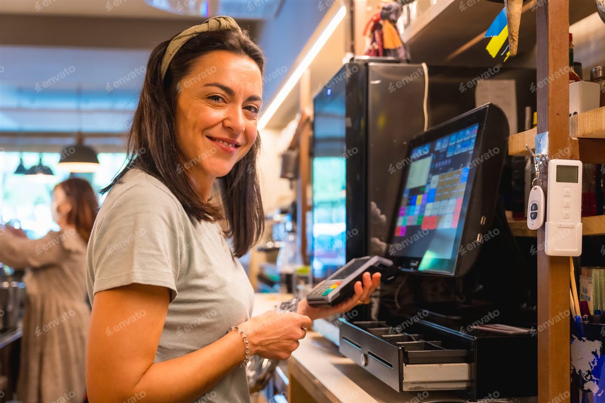 Staff using a POS terminal and card reader at a restaurant counter