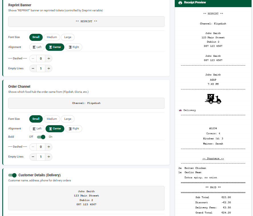 Order channel and ticket routing settings with kitchen receipt preview