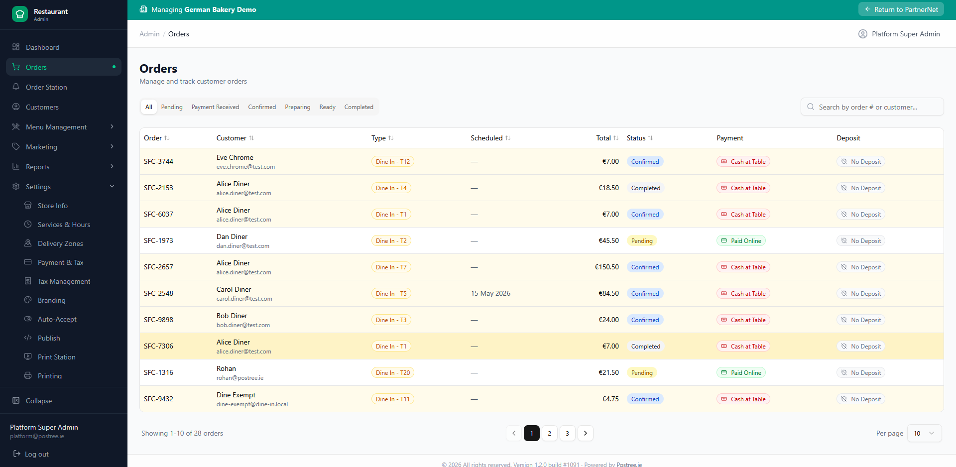Postree orders management screen listing all live orders