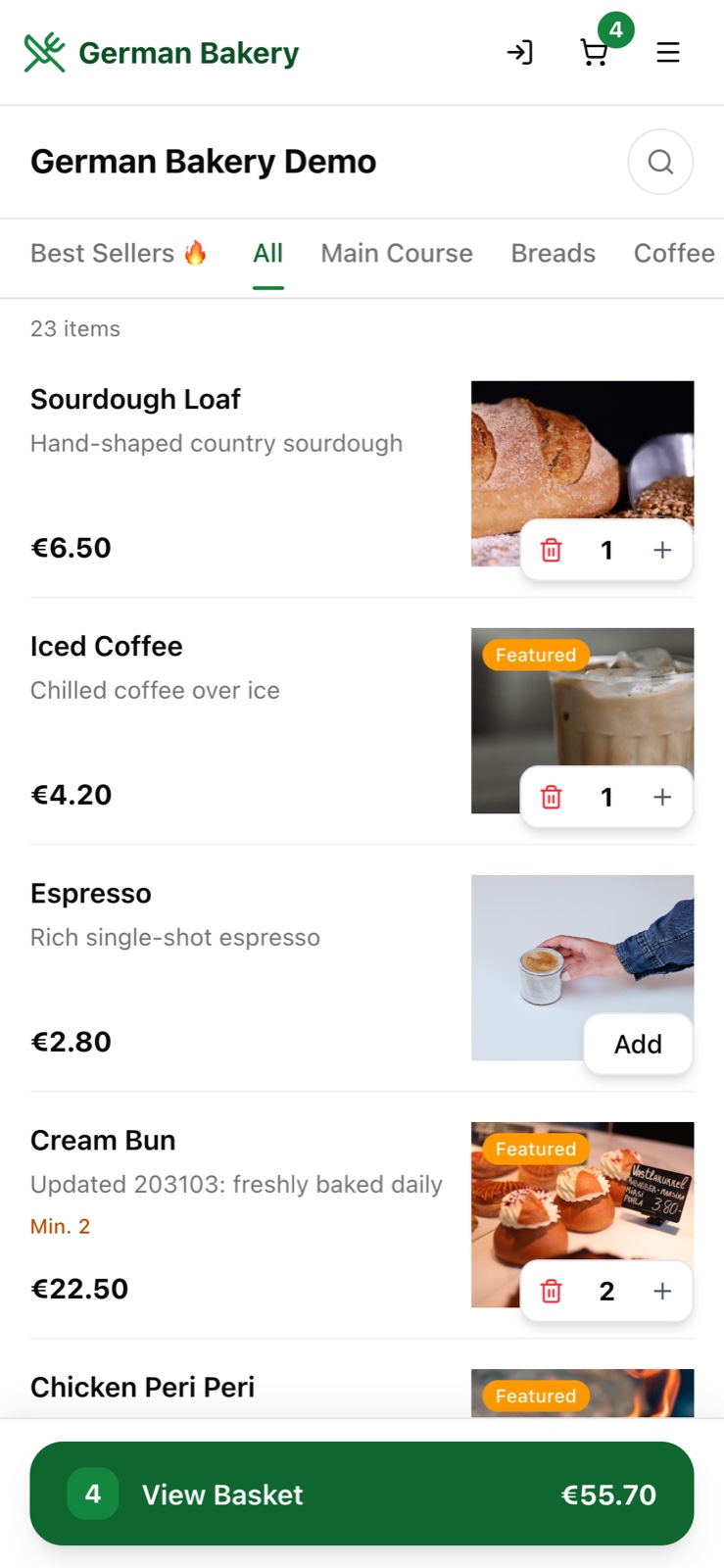 Postree online ordering on a mobile phone