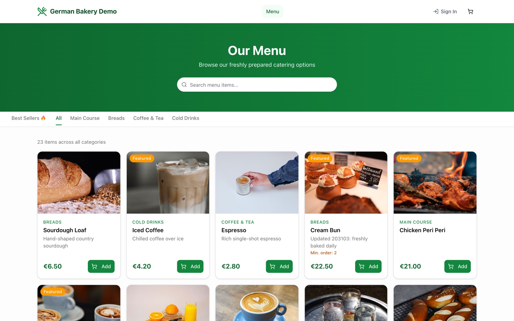 Branded online ordering storefront on desktop