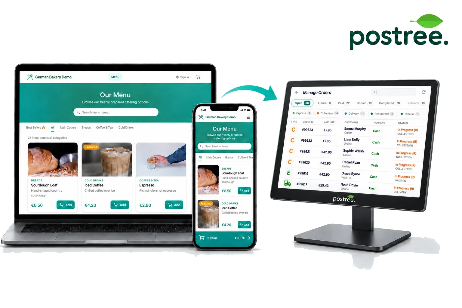 Online orders flowing from your website into the Postree POS and kitchen