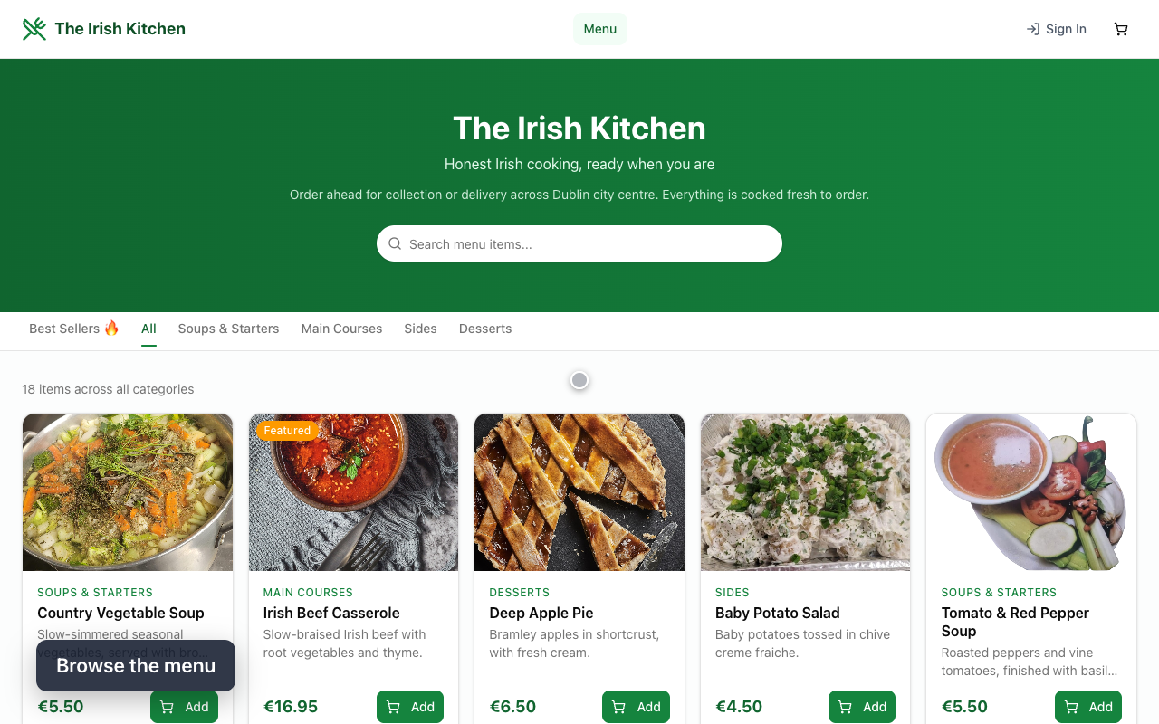 Branded online ordering storefront on desktop