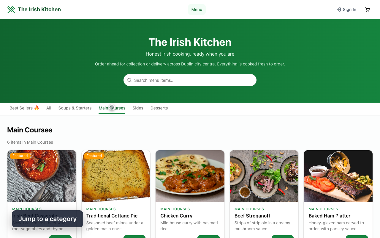 Branded online ordering menu with categories and dish photos