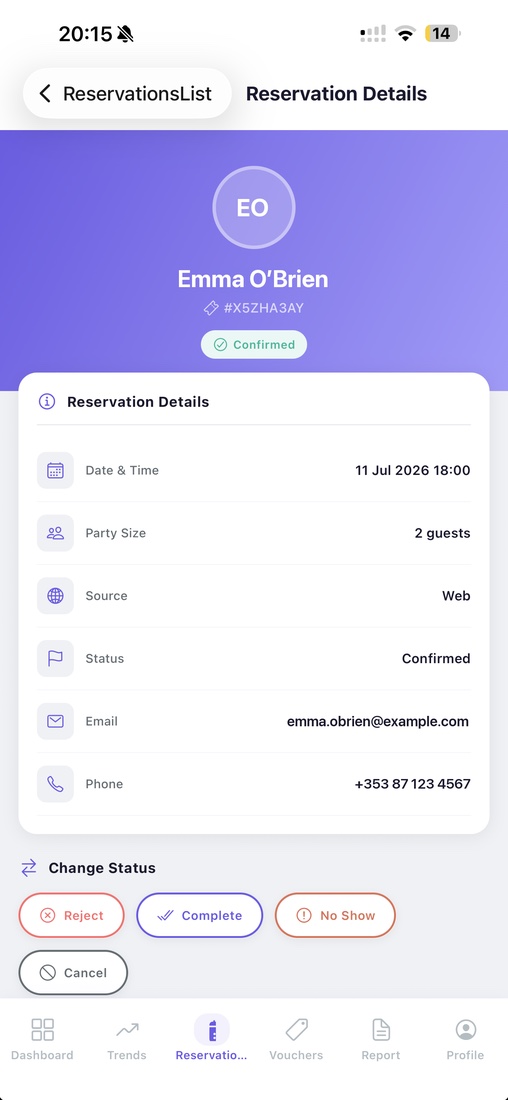 OneView app reservation details screen with guest contact details and status actions