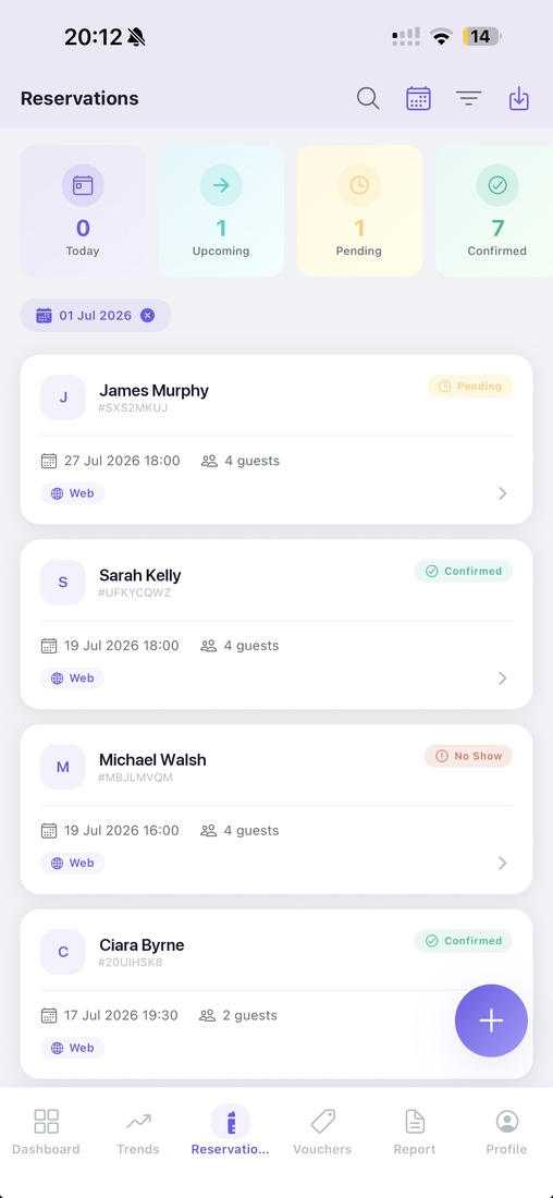 OneView app reservations list showing today, upcoming, pending and confirmed bookings