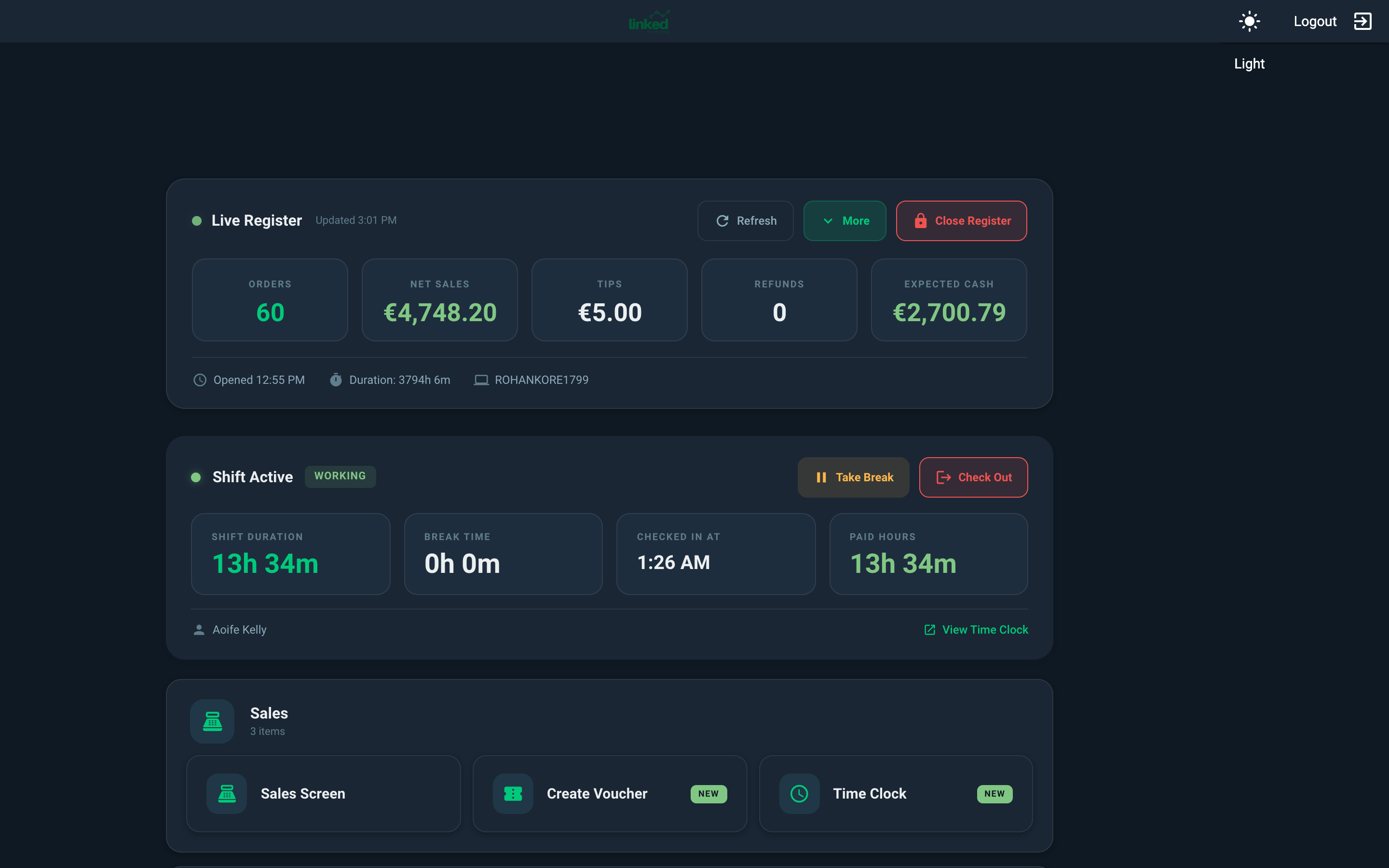 Postree POS live register and shift analytics dashboard