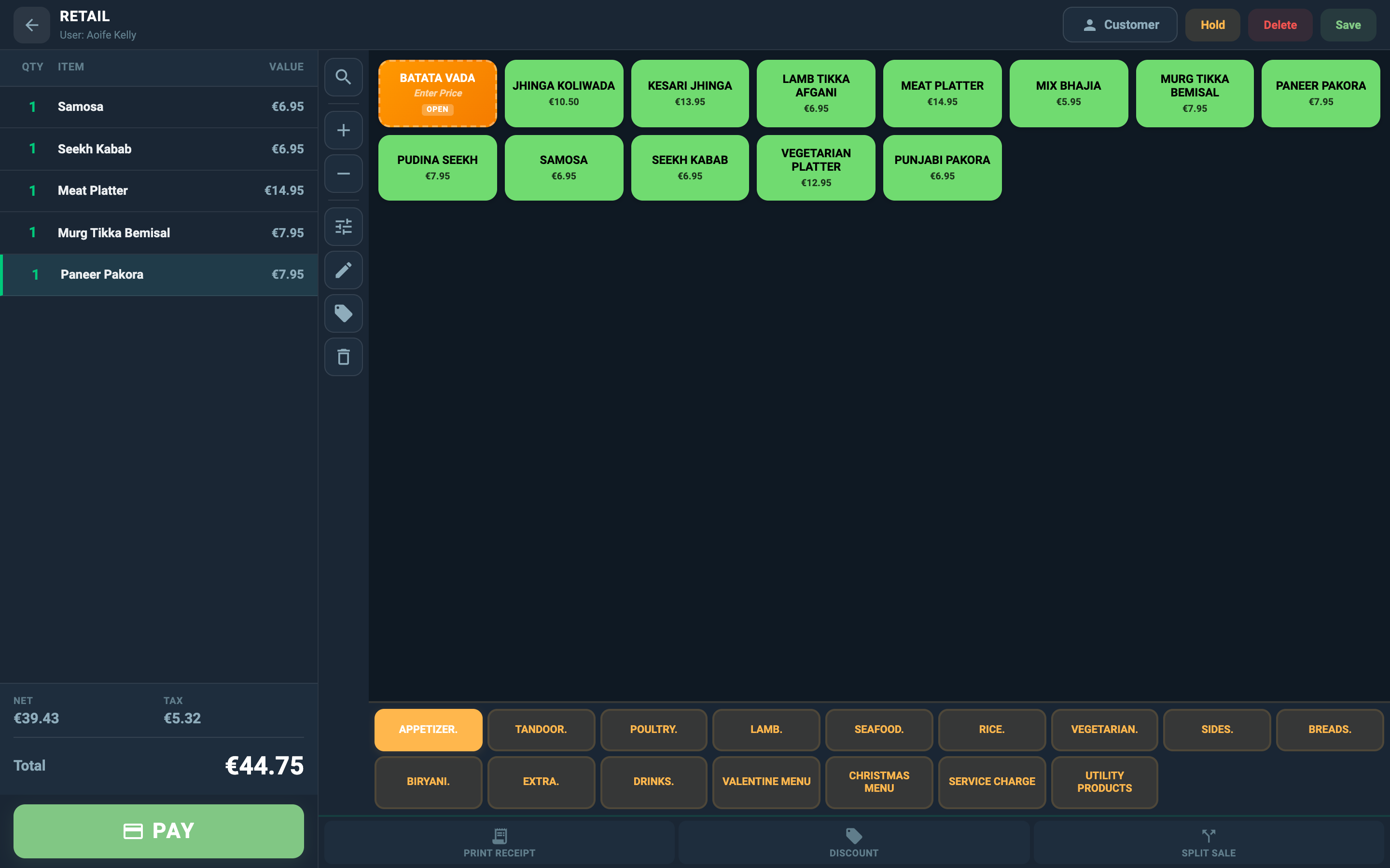 Postree POS ticket screen with an order in progress