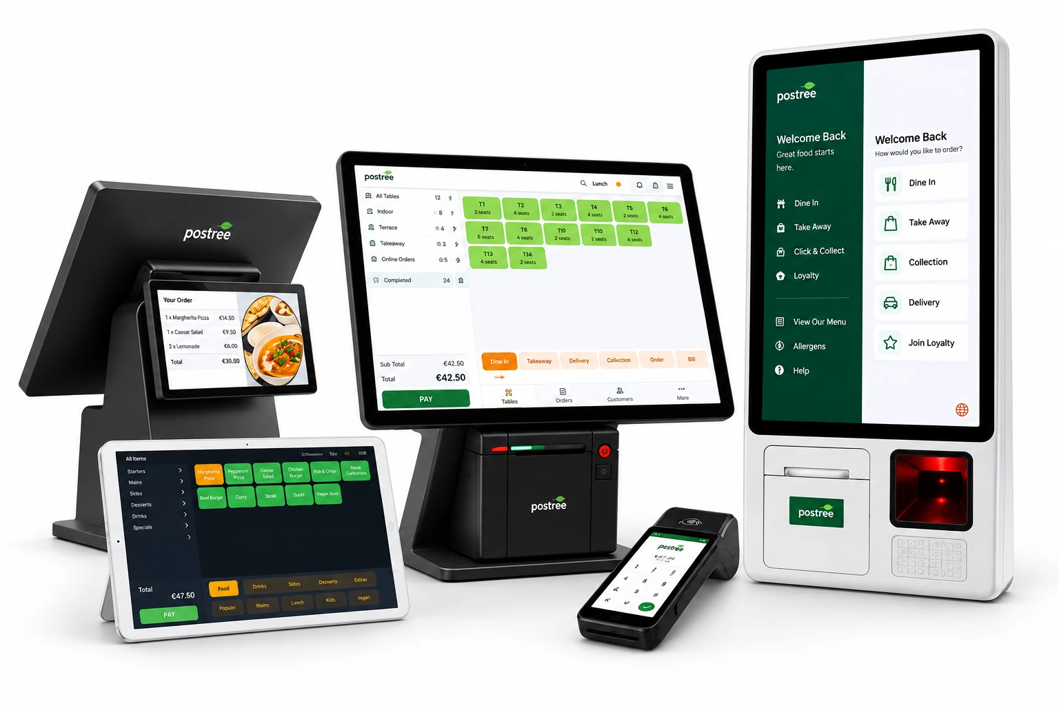 Postree hardware range including POS terminals, customer display, handheld card reader, receipt printer and self-service kiosk