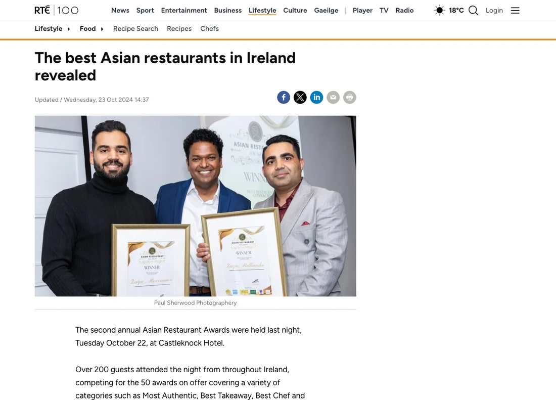 Screenshot of the RT&Eacute; article headlined The best Asian restaurants in Ireland revealed