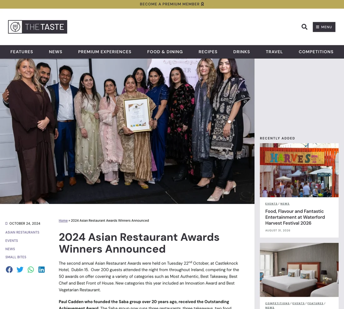 Screenshot of TheTaste article headlined 2024 Asian Restaurant Awards Winners Announced