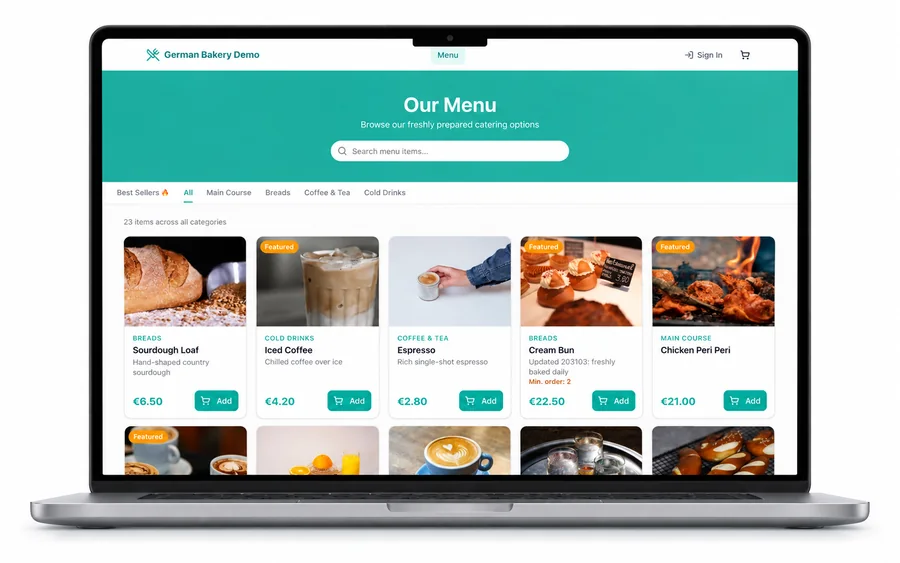 A Postree online ordering menu open on a laptop