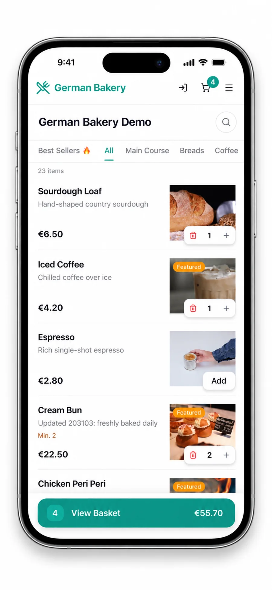 A guest browsing a menu and building a basket on their phone