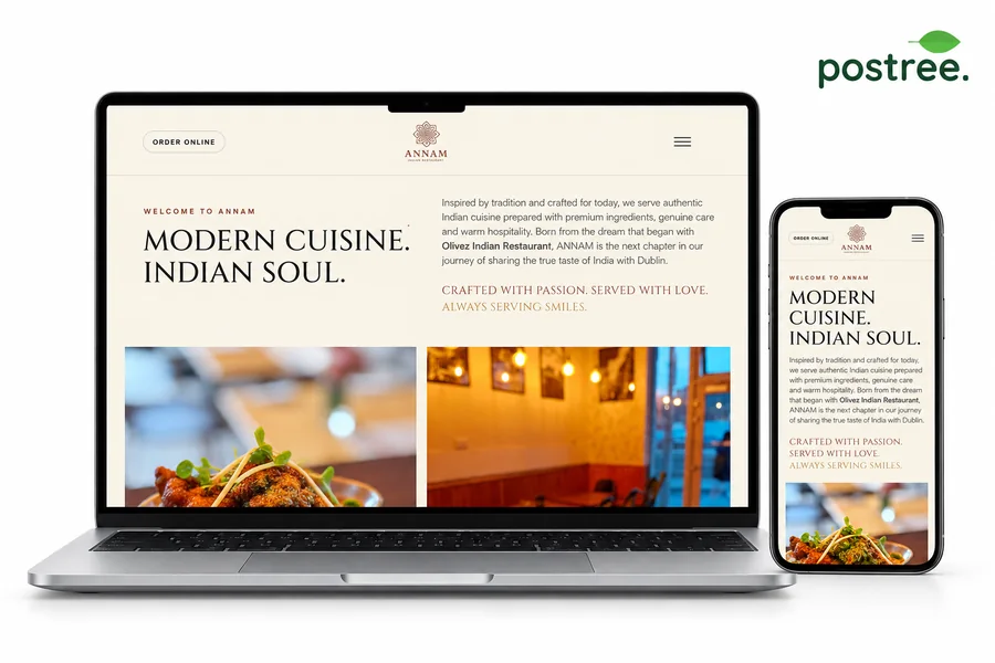 A Postree-built restaurant website on a laptop and phone