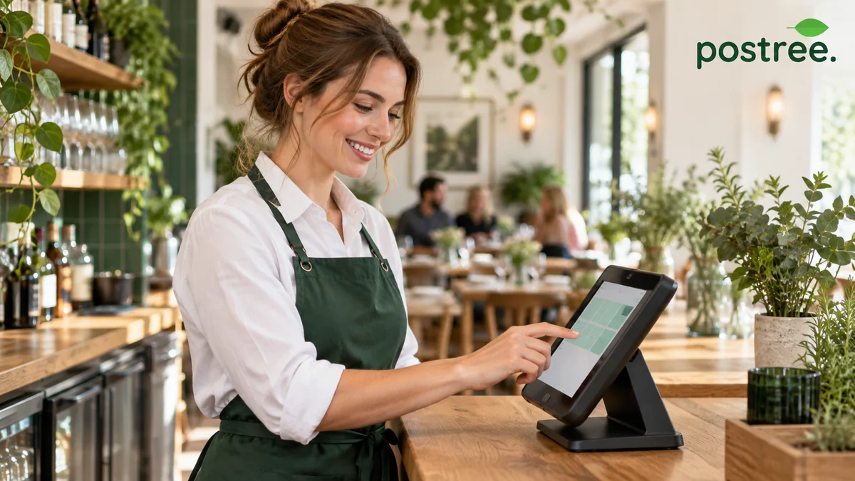 A server using a Postree till on the counter of a bright restaurant