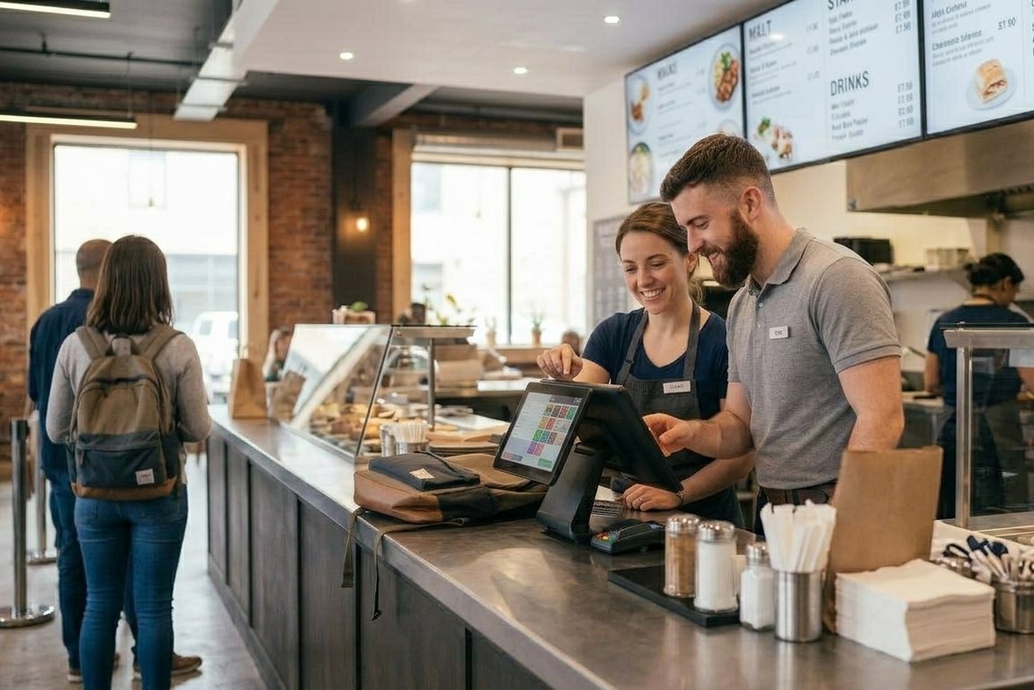 Quick-service staff at a POS counter with digital menu boards