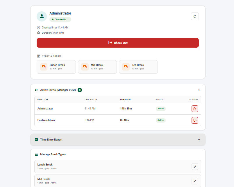Staff clock-in, active shifts and break management screen