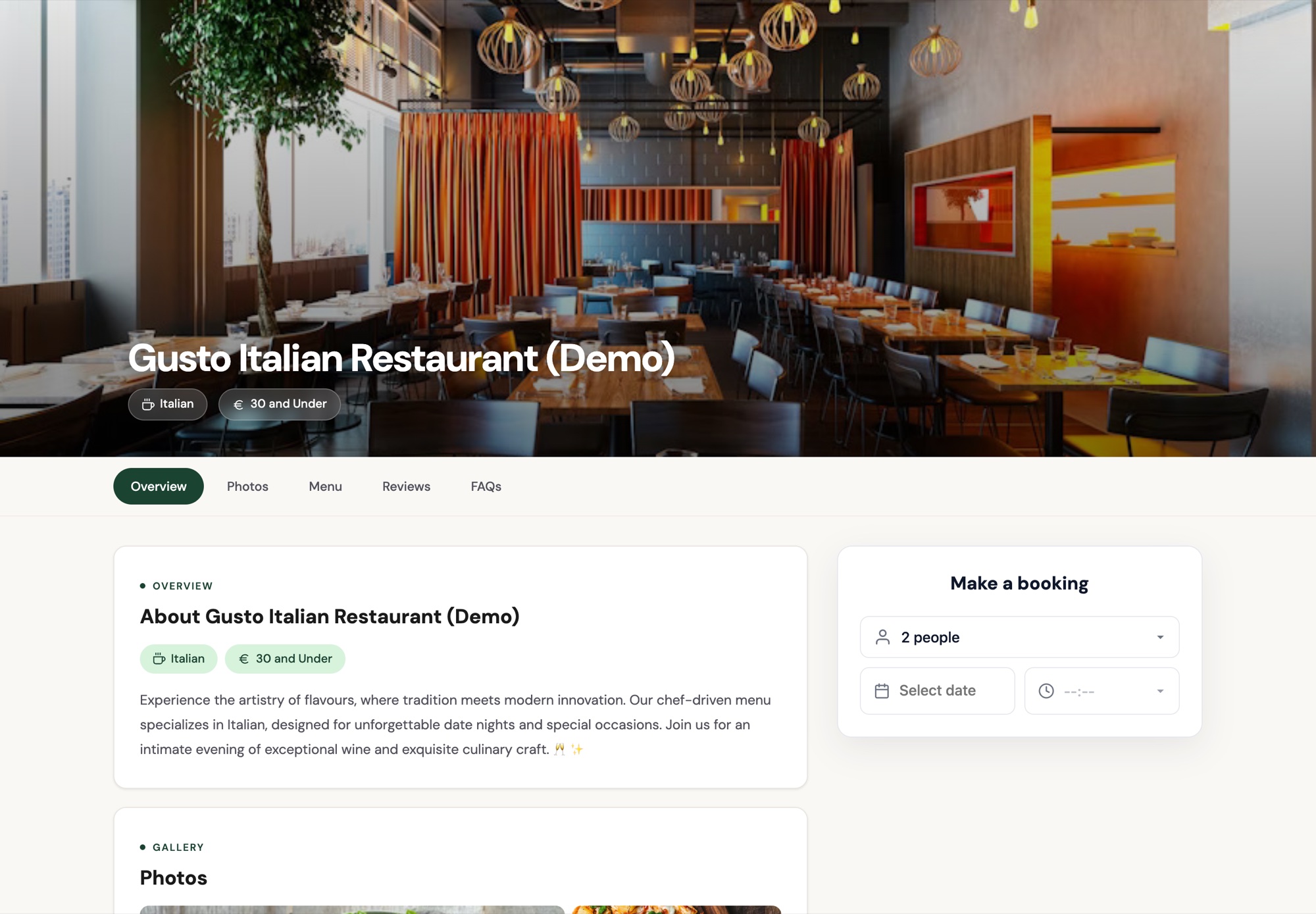 Branded table booking page on desktop