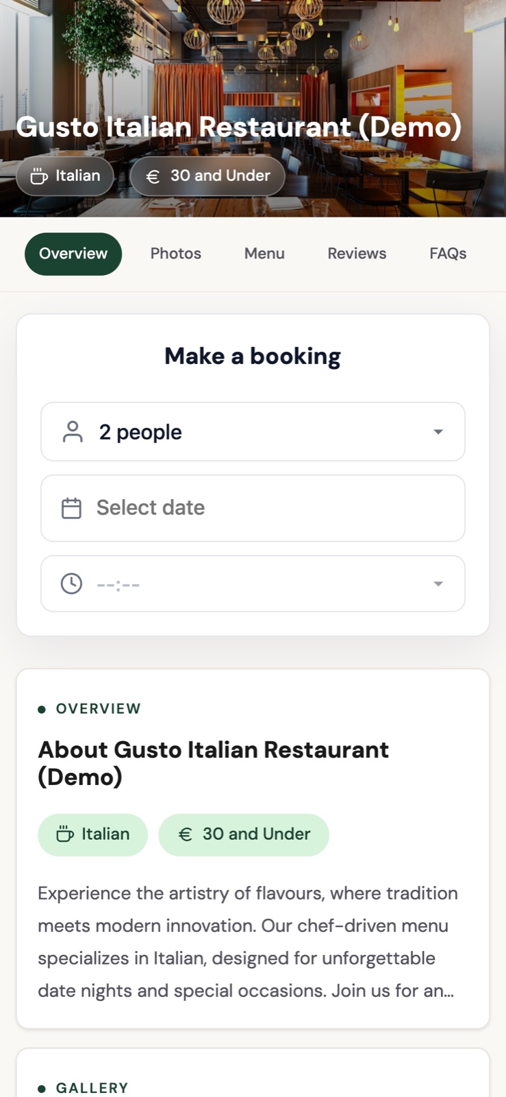 Table booking on a mobile phone