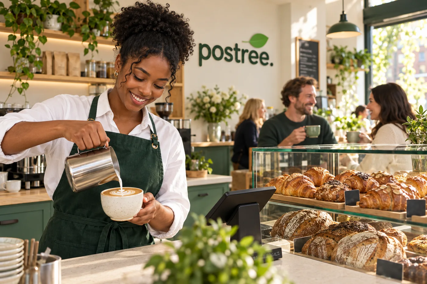 A barista serving a customer at a cafe and bakery counter