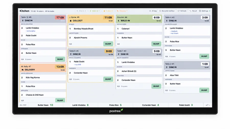A Postree kitchen display screen showing live order tickets
