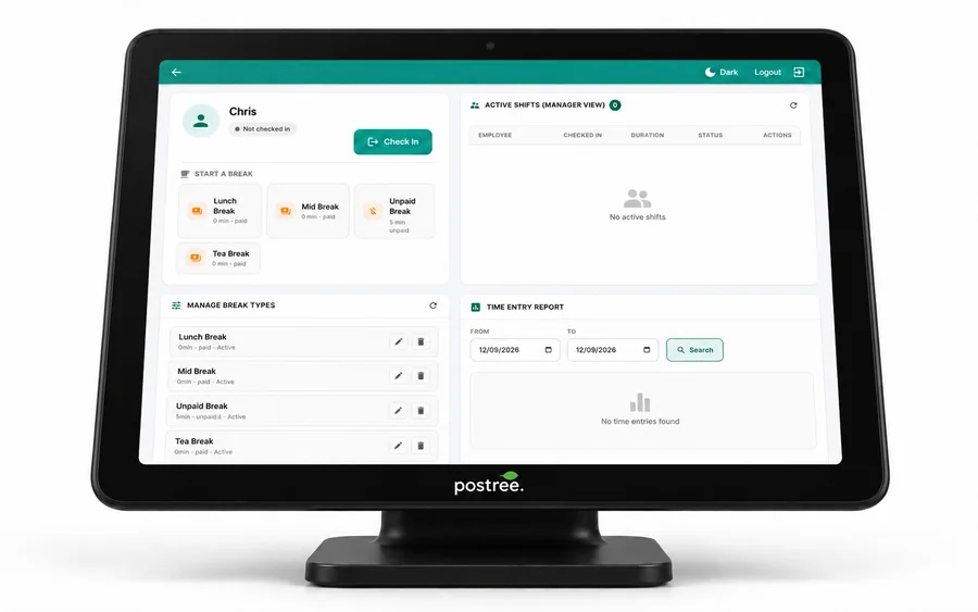 The Postree staff clock-in and timesheet screen