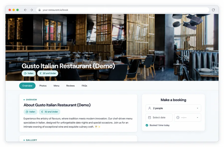 A Postree online booking page for a restaurant
