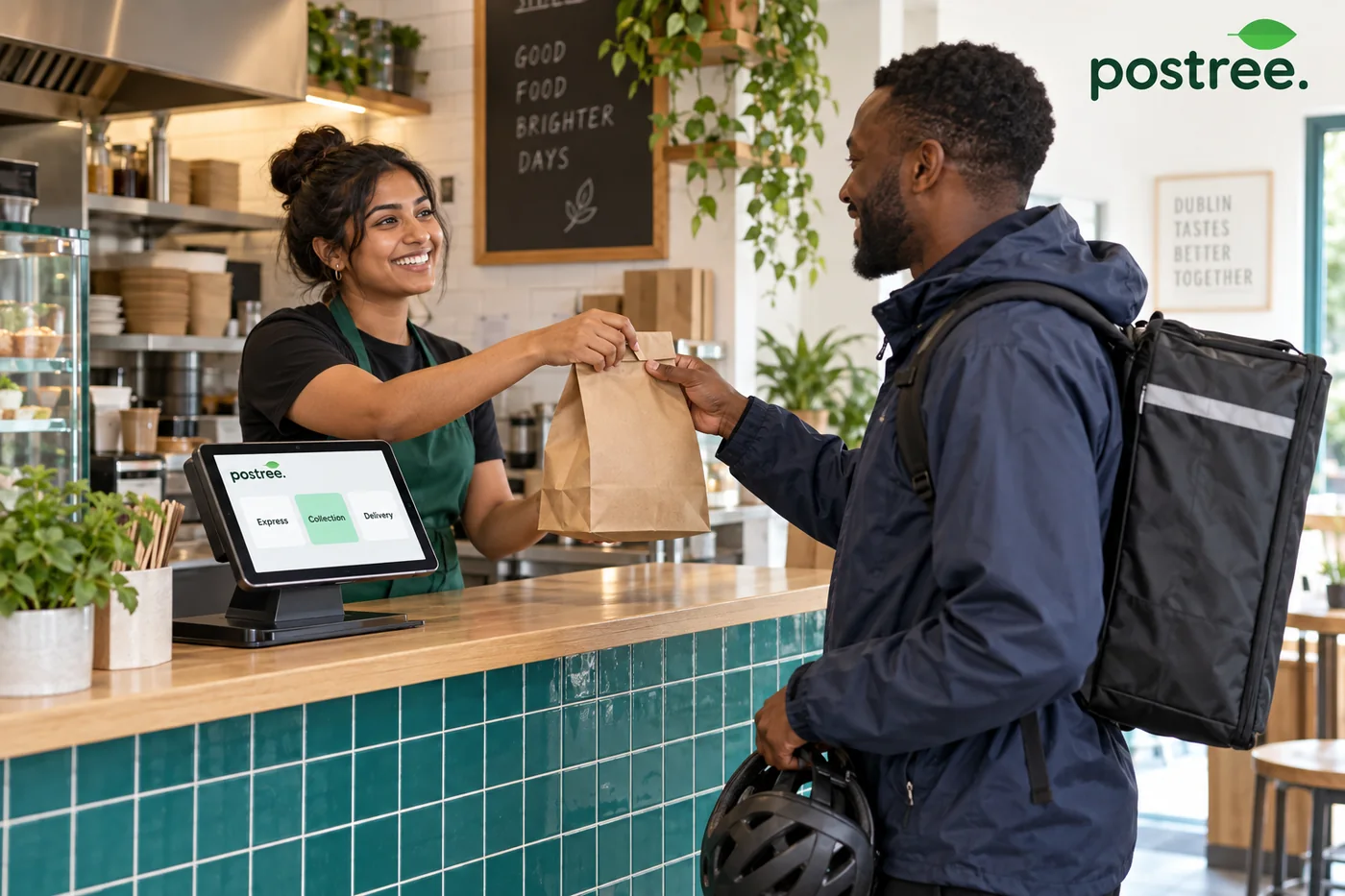 Counter staff handing a takeaway bag to a customer