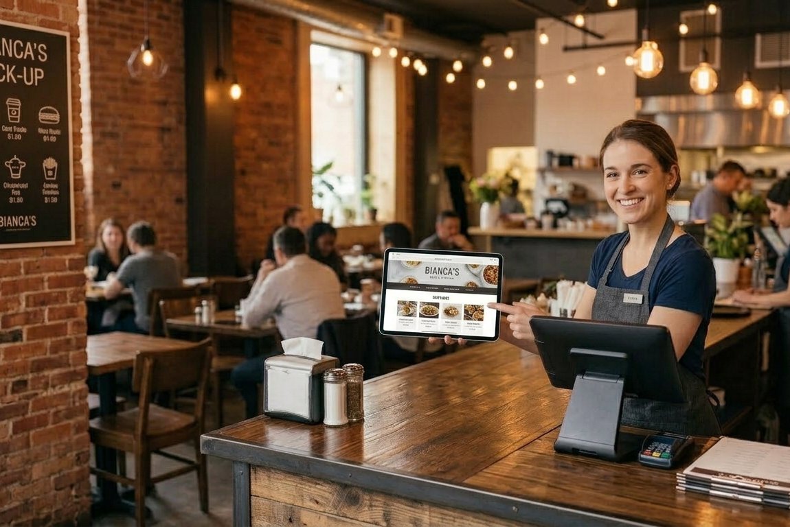 Staff showing the online ordering page on a tablet at the counter